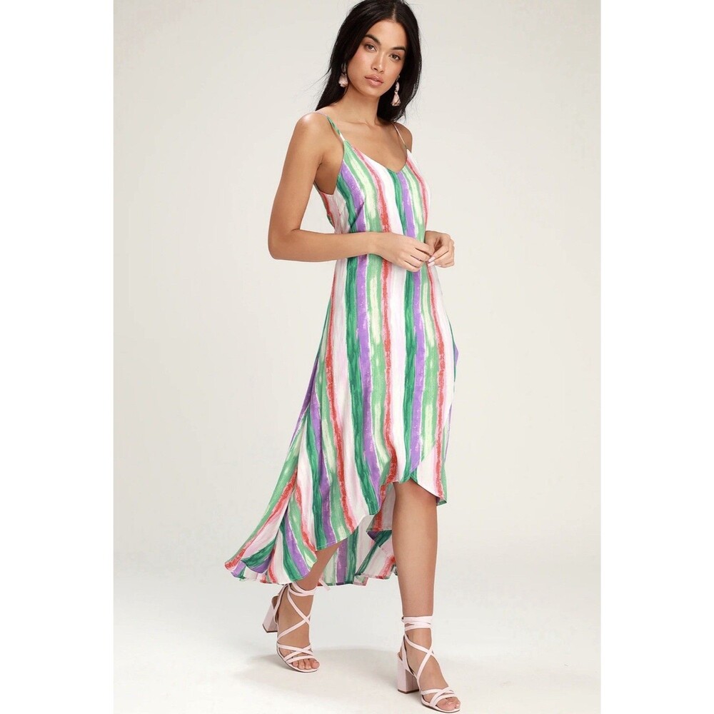 NEW! LULUS Size M BRUSHSTROKE OF LUCK Striped Beach Maxi High-Low DRESS Summer